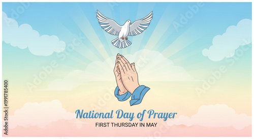 Hands in prayer with dove symbolizing peace under soft sky during national day of prayer celebration