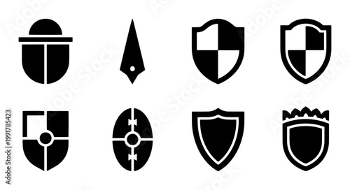 Medieval shield icons set, black heraldic crest symbols, 8 flat vector security and protection elements, ancient warrior armor silhouettes