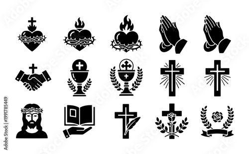 Christian religious icons set, black catholic church symbols vector collection, sacred heart and crucifix illustrations for spiritual design