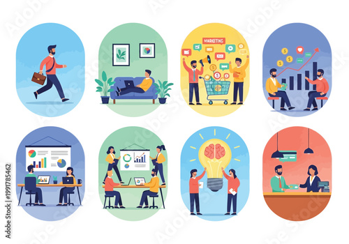 Set of business people working in office, marketing, brainstorming, and financial analysis illustrations