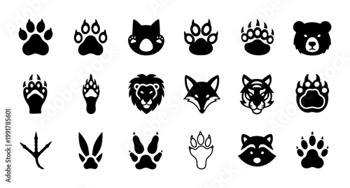 Wild animal paw prints and predator head icons, 18 black silhouette vector elements, wildlife tracking footprints and mammal face symbols