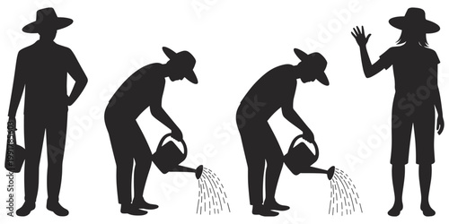 Gardening watering silhouette illustration, people with buckets and cans artwork, outdoor nature vector design, environmental care drawing, black and white style