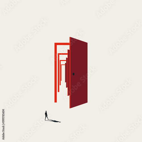 Businessman silhouette walks toward a giant open red door revealing an infinite corridor of nested frames. Minimal vector concept illustration for infinite career opportunities and corporate recruitme