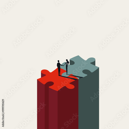 Businessman and businesswoman silhouettes shake hands atop joined jigsaw puzzle columns. Minimal vector concept illustration for corporate mergers and successful business partnerships.