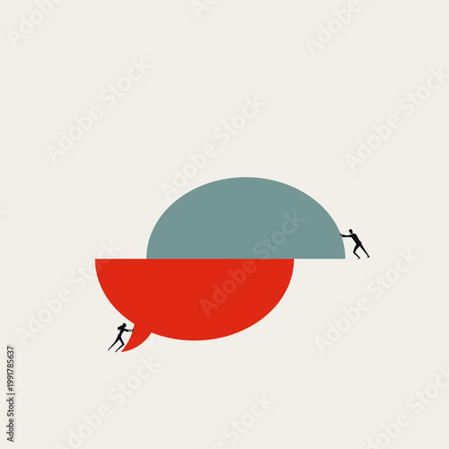 Businessman and businesswoman silhouettes push opposite halves of a giant speech bubble together. Minimal vector concept illustration for corporate conflict resolution and team negotiation.