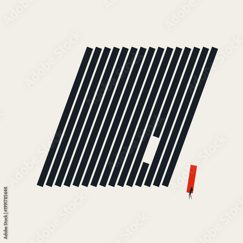 Businesswoman silhouette drags a red square to complete a geometric grid pattern. Minimal vector concept illustration for corporate problem solving and strategic project management.