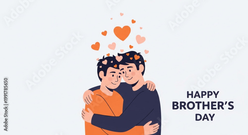 Two smiling brothers embracing with warmth in a playful hug surrounded by floating hearts on a light background celebrating brother's day with joy