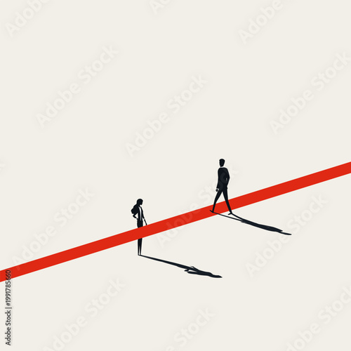 Businessman walks atop a red line while a businesswoman stands blocked below it. Minimal vector concept illustration for workplace gender discrimination and salary gaps.