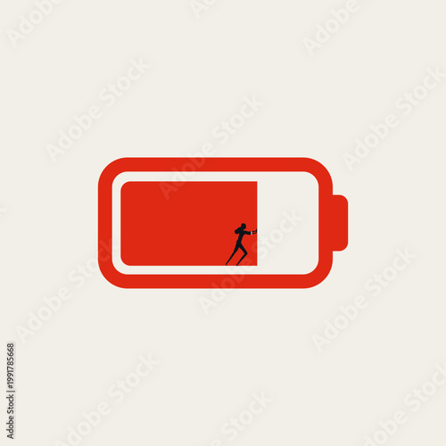 Businesswoman silhouette pushes the red indicator level inside a giant battery to restore its charge. Minimal vector concept illustration for employee burnout recovery and corporate work life balance.
