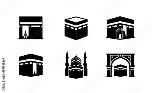 Islamic Kaaba icons set, black and white religious vector illustrations, holy mosque and pilgrimage symbols for Hajj and Umrah design