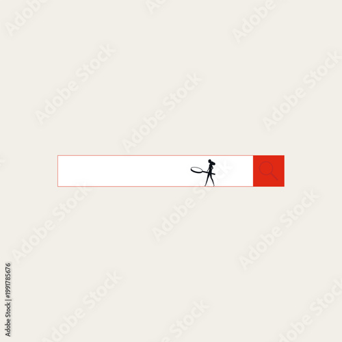 Businesswoman silhouette lifts a giant red magnifying glass out of an internet search bar. Minimal vector concept illustration for corporate recruitment, job search, hunting, and market research.