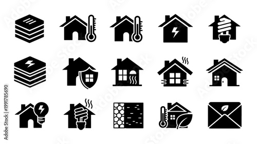 Smart home energy efficiency icons set, 15 black vector symbols for eco friendly house technology, sustainable building and thermal insulation concepts