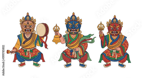 Three vibrant wrathful Buddhist deities holding traditional ritual instruments stand in a row against a clean white background with meticulous colorful details.