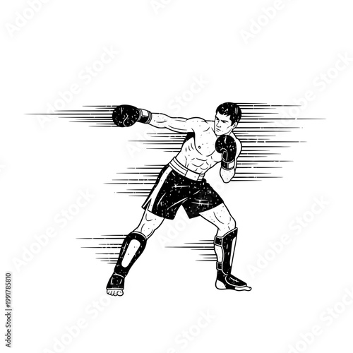Boxer punching, motion lines, graphic illustration