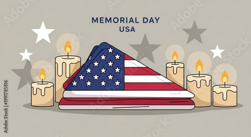 Folded american flag rests peacefully on a table surrounded by glowing candles and stars honoring memorial day in usa