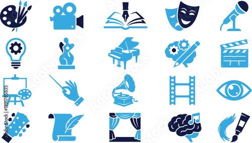 Set of art and entertainment icons on white background.