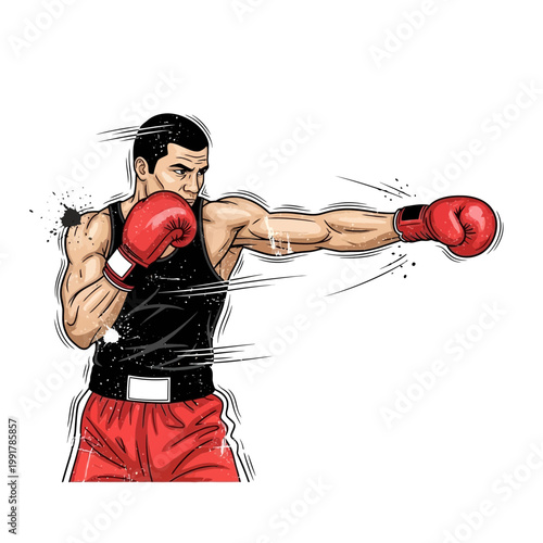 Boxer punching, dynamic action, athletic man in red gloves, sports illustration