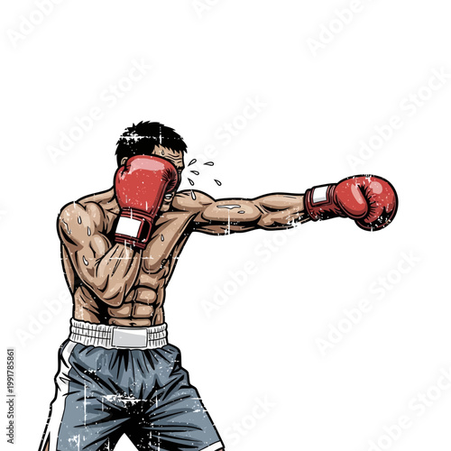Boxer throwing punch, sweat flying, red gloves, athletic build, fighting stance