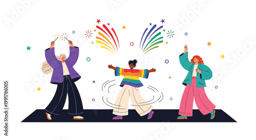 LGBTQ Pride, colorful dancing people, rainbow celebration, party icons