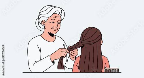 Grandmother braiding granddaughters hair with love and care.