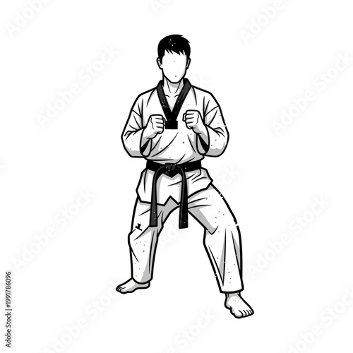 Martial artist in fighting stance, black belt, taekwondo uniform, illustration