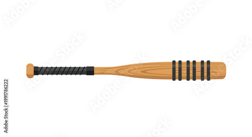 A single polished wooden baseball bat features a textured black grip handle and several thick black rings encircling the barrel on a white background.