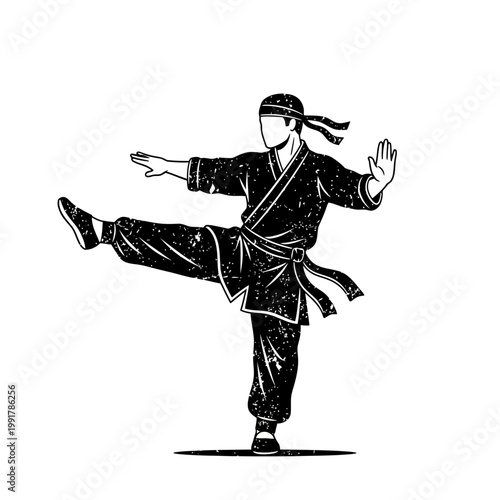 Martial artist performing a high kick in a traditional gi, black and white illustration with grunge texture.