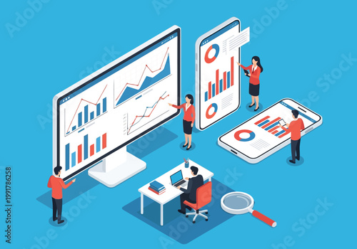 Business analytics and data visualization concept with team of professionals working on digital devices and charts