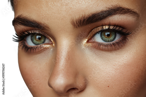 Woman with green eyes and natural makeup, enhancing her gaze with glitter eyeshadow and long eyelashes for beauty and aesthetics