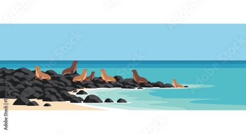 A group of brown sea lions rests peacefully on dark volcanic rocks at the edge of a turquoise ocean under a vast and clear blue sky in a serene environment.