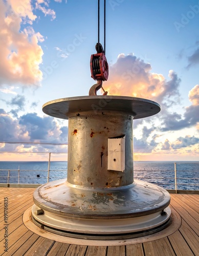 A weathered metal winch with a suspended hook sits on a wooden deck. The sky is filled with clouds and hues of sunset