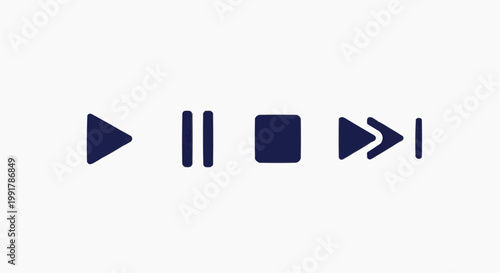 Minimalist media player icons set, dark blue play pause stop and skip vector symbols, clean interface navigation buttons for video and audio apps