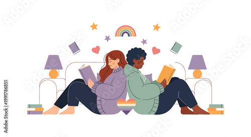 Couple reading, love, rainbow, hearts, stars, illustration, vector, colorful, books, relationship, affection, togetherness