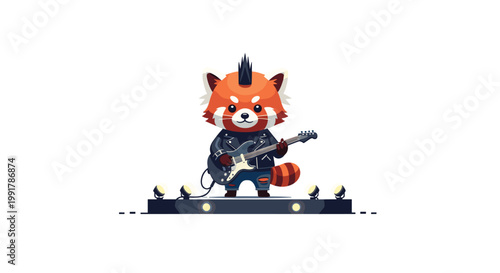 An adorable red panda character dressed in a cool black leather jacket performs with an electric guitar on a professional stage with bright spotlights.