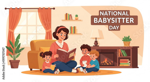 Babysitter reading a book to three young children in a cozy warm toned living room with plants and home decor
