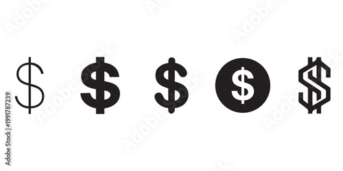 Currency Icon Set – 5 Unique Black Dollar Symbol Styles, Minimal Modern Finance UI Vector Icons