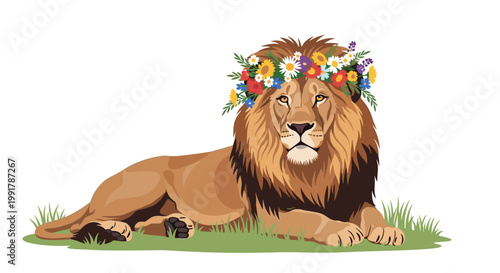A magnificent lion rests gracefully on a lush green lawn while wearing a beautiful crown of colorful wildflowers under the soft and warm afternoon sunlight.