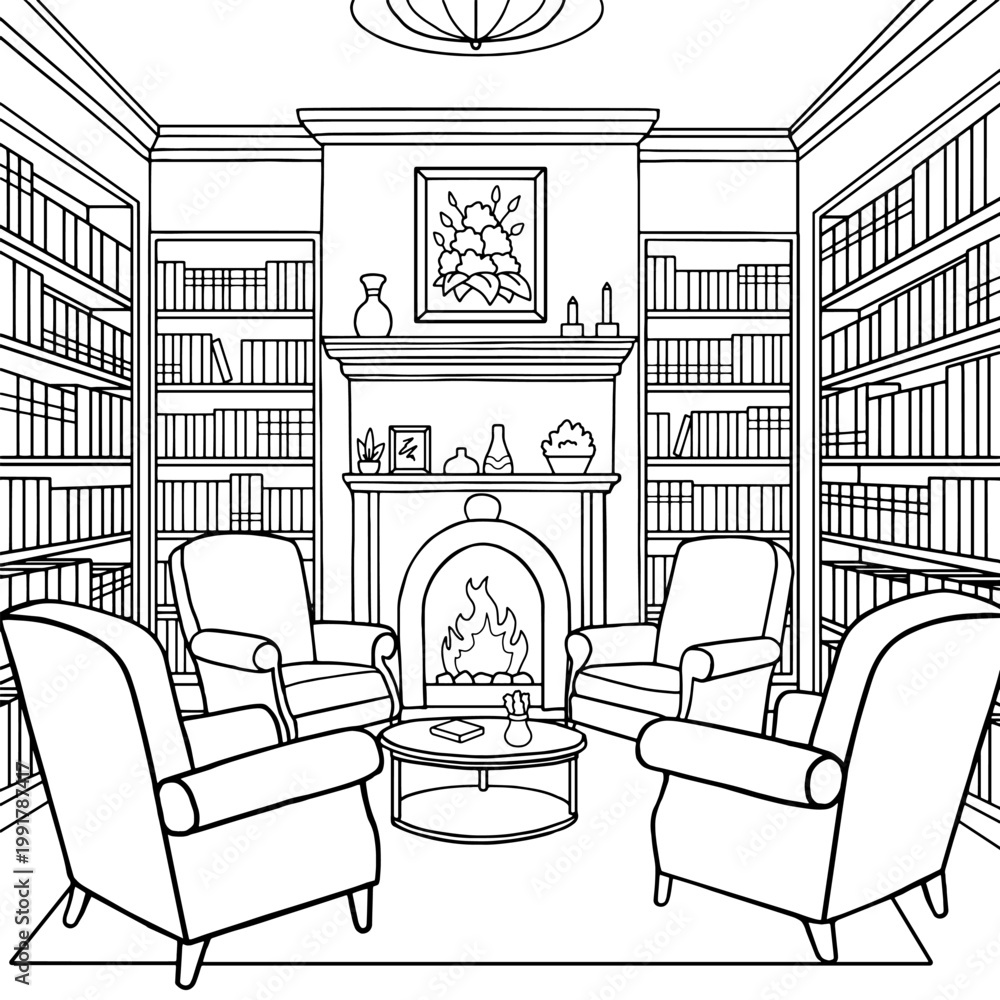 Naklejka premium Library interior graphic black white sketch illustration vector 