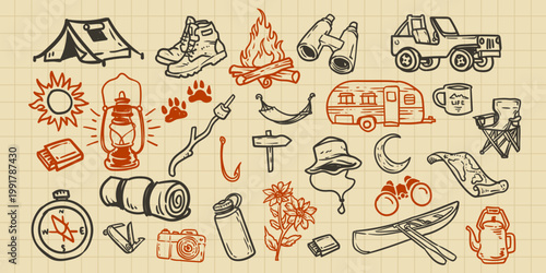 Camping doodle icon set, HIking hand drawn vector line sticker, woodland hiking objects. Outdoor activity adventure badge print, campfire, backpack. Camping doodle
