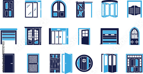 Collection of different types of doors and gates on white background, modern design.