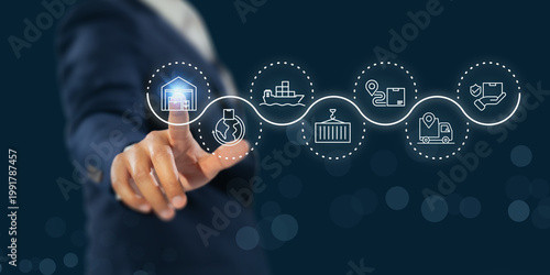 Flexible Supply Chain Management. Interacting with digital supply chain icons. Flexible logistics, adaptive operations and resilient global distribution across transportation and warehouse systems.