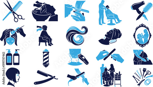 Beauty salon and hairdressing icons on white background, professional beauty set.