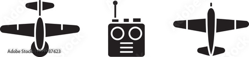 Airplane icon with, set of 3, radio controller icon, pilot icon, and ui icon for air travel and design element