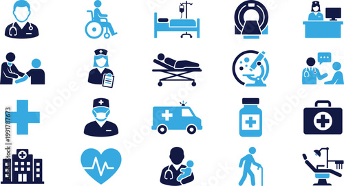 Healthcare and medical icons for hospital and clinic services patient care and medicine.