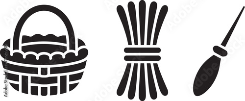 Basket, bundle of sticks, and awl icon set with sharp in outline style for clean and tool in outline style