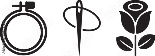Embroidery hoop, needle and rose icons, minimalist black and white graphic design with art supplies and sewing