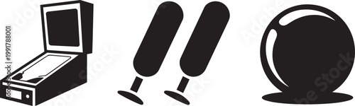 Pinball machine, 2 flippers, and a ball icon set with white background and leisure in outline style in outline