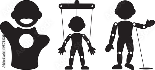 Silhouette icons of, set of 3, puppets and a hand puppet with string puppet, white background, and marionette