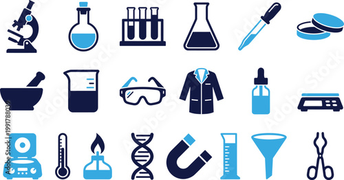 Set of blue science laboratory equipment icons for research and experiments.