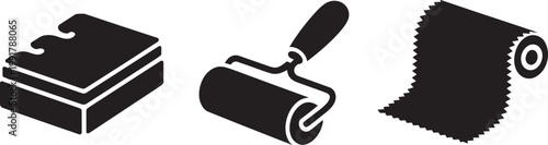 Stack of paper, paint roller, and fabric roll icons on a plain background with web design and app icon